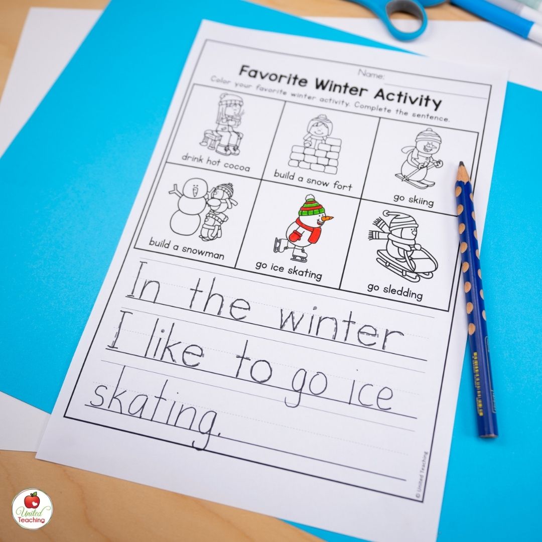 January Favorite Winter Activity sentence writing worksheet for kindergarten