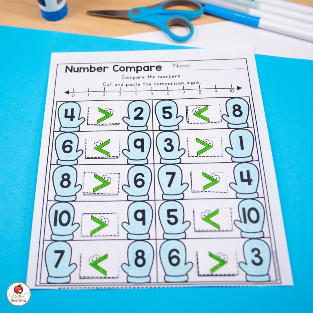 Number comparison winter kindergarten math worksheet for January