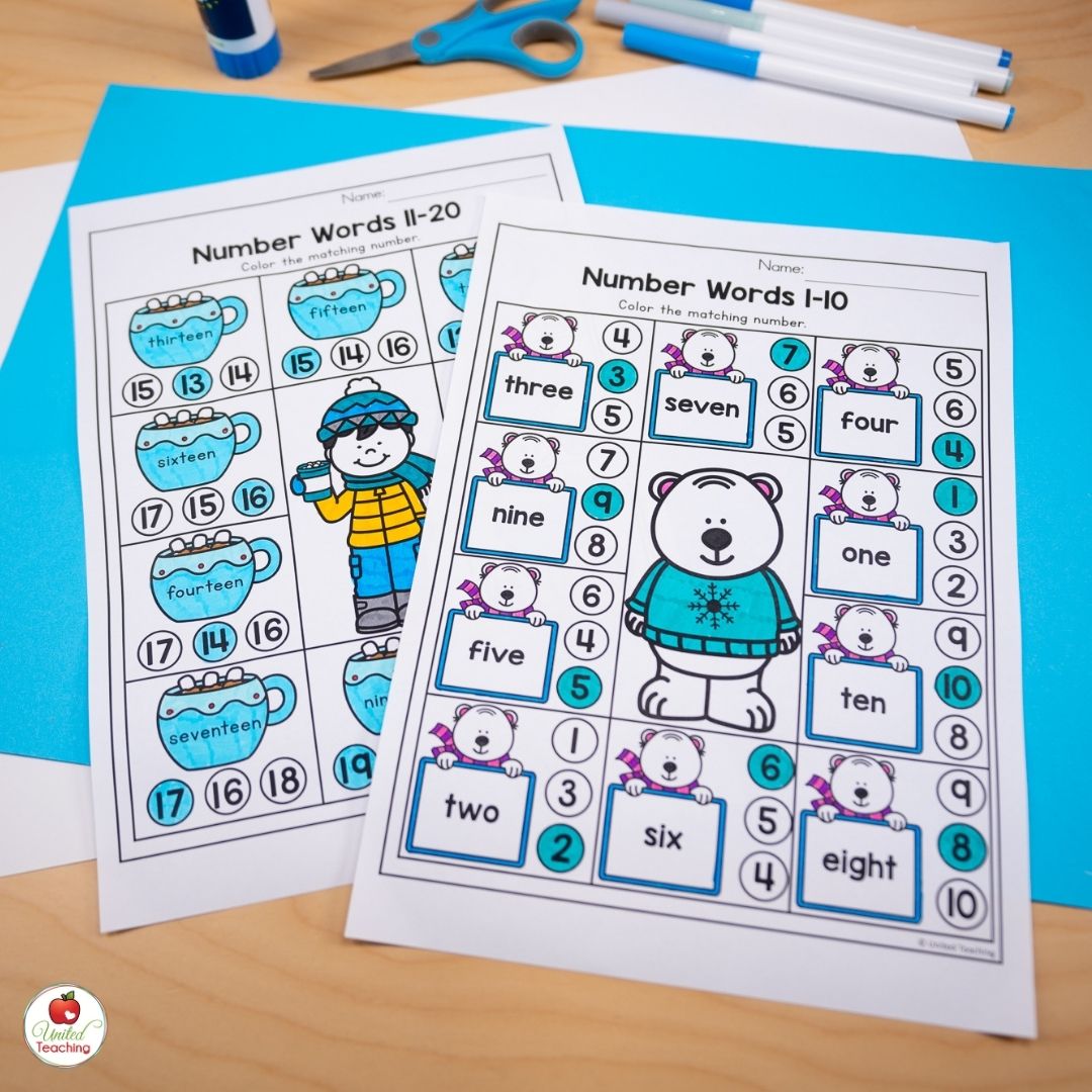 Winter number words math worksheets for kindergarten that can be used during January