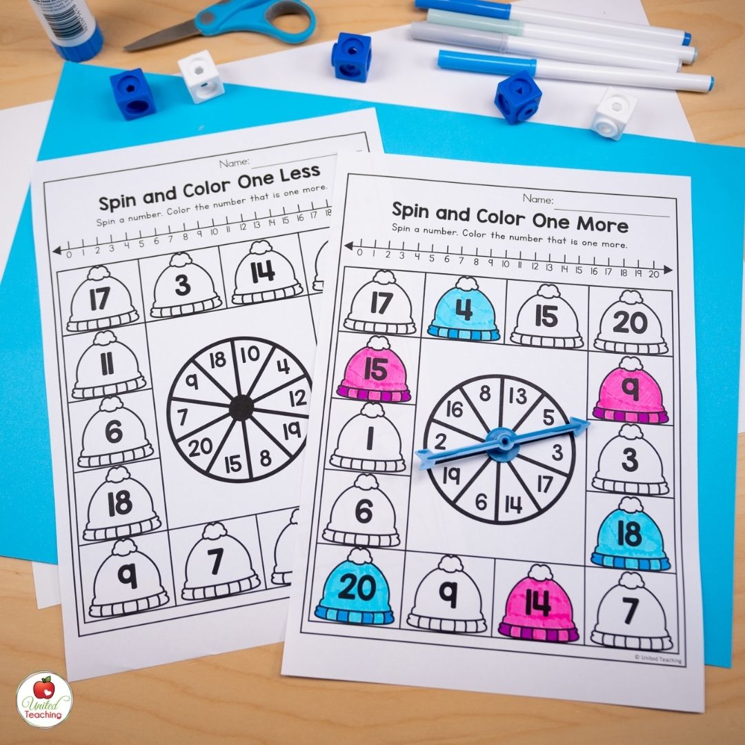 Winter one more and one less spinner math worksheets for kindergarten
