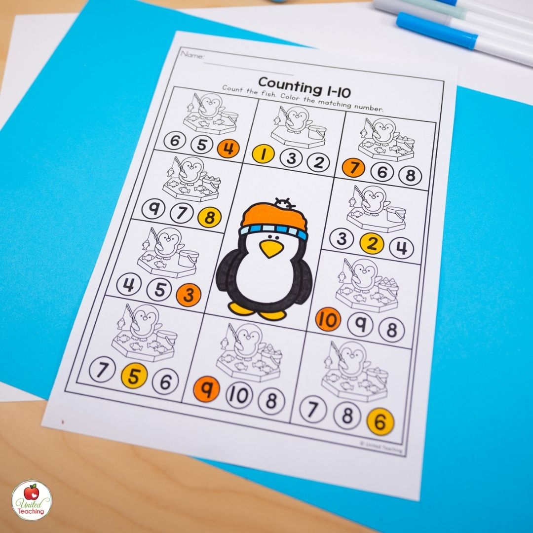 Penguin counting fish winter math worksheet for kindergarten