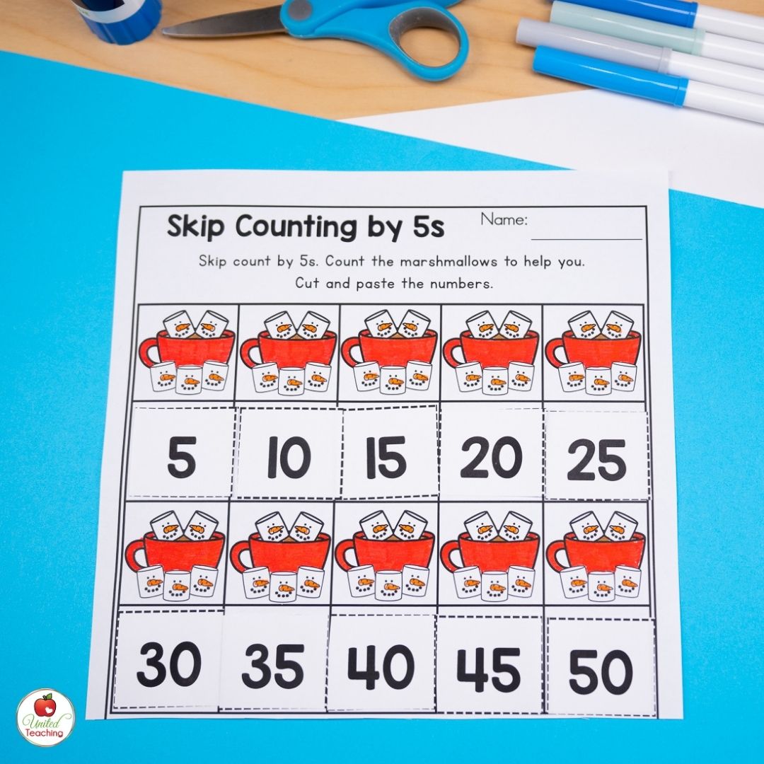 Skip counting by 5s winter math worksheet for kindergarten that can be used in the month of January
