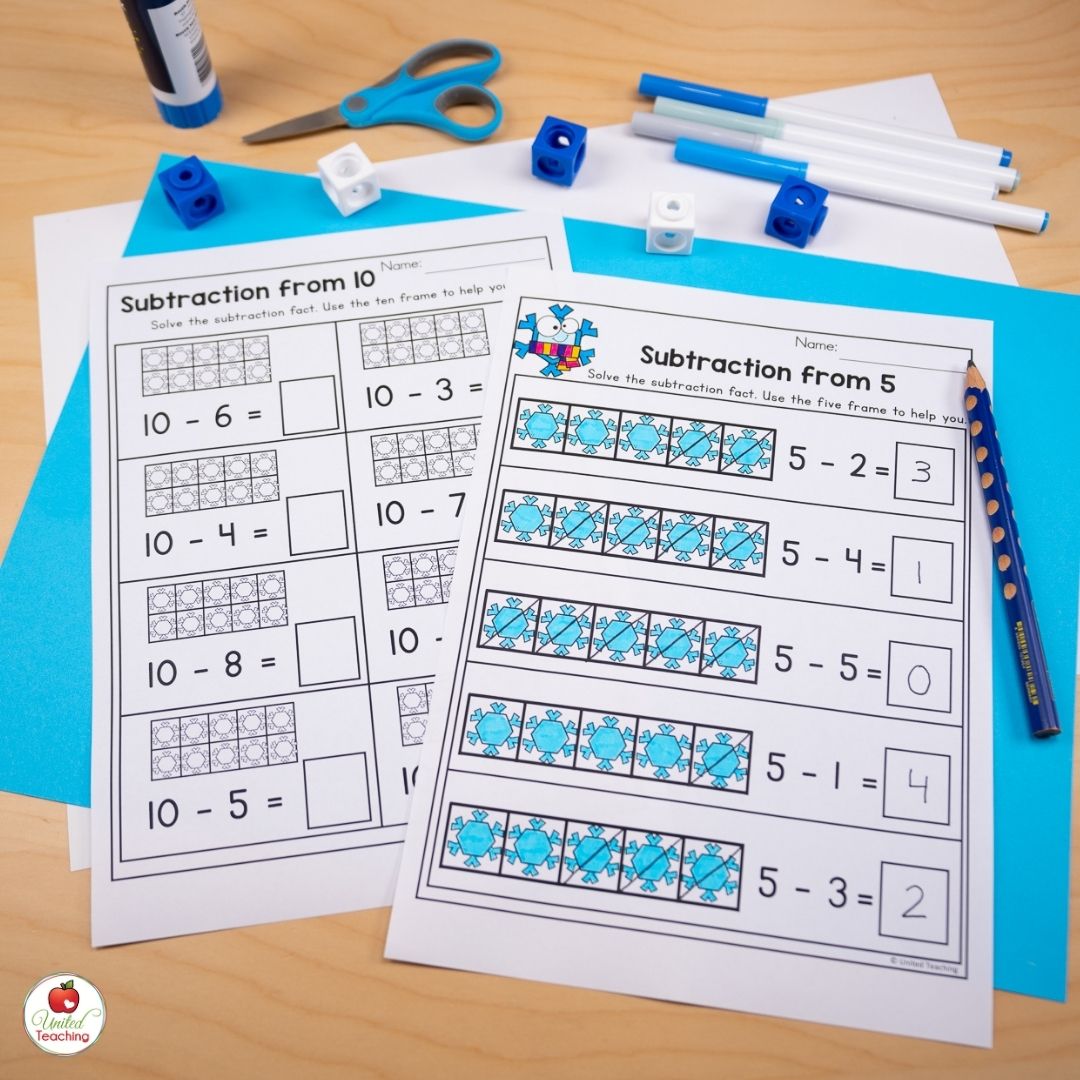 Winter mitten subtraction kindergarten math worksheets