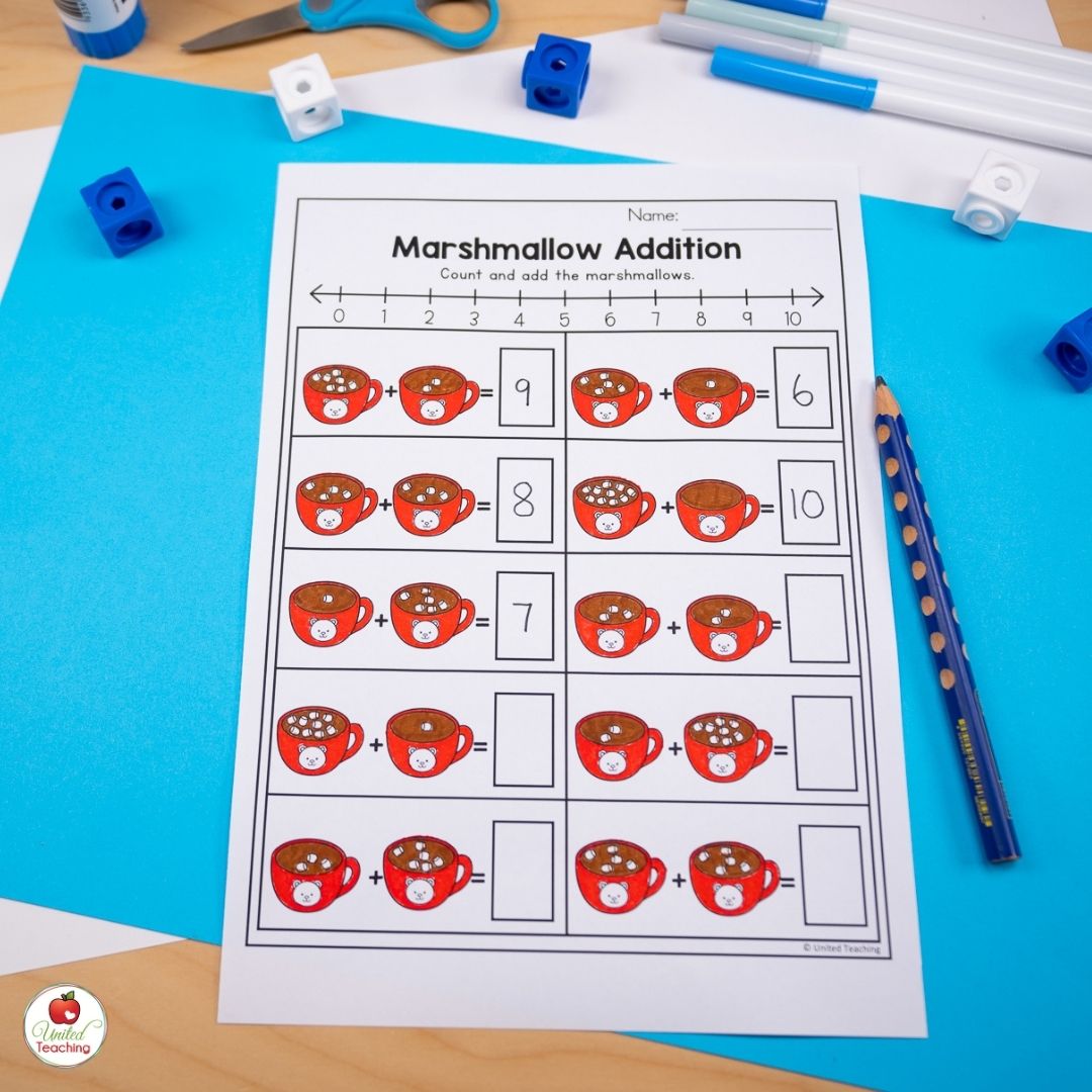 Winter marshmallow addition math worksheet for kindergarten