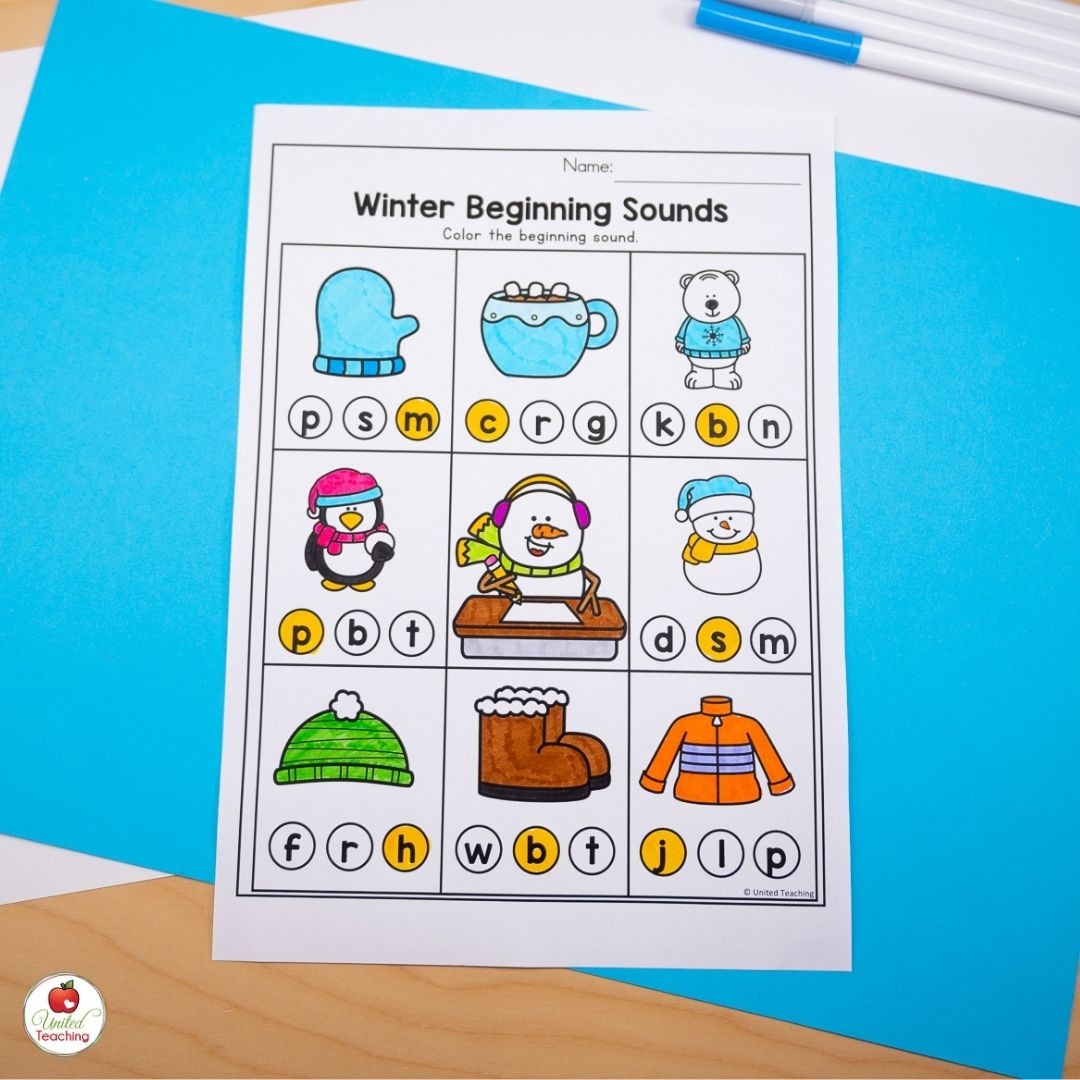 Winter beginning sound phonics worksheet for kindergarten