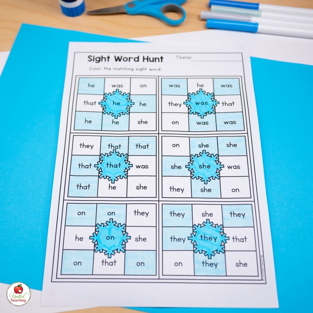 Winter sight word hunt worksheet for the month of January