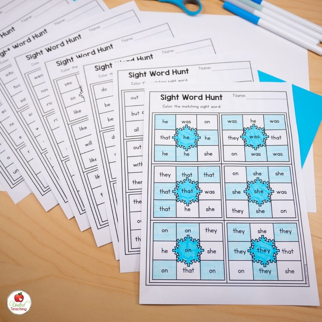 Sight word hunt January worksheets for kindergarten