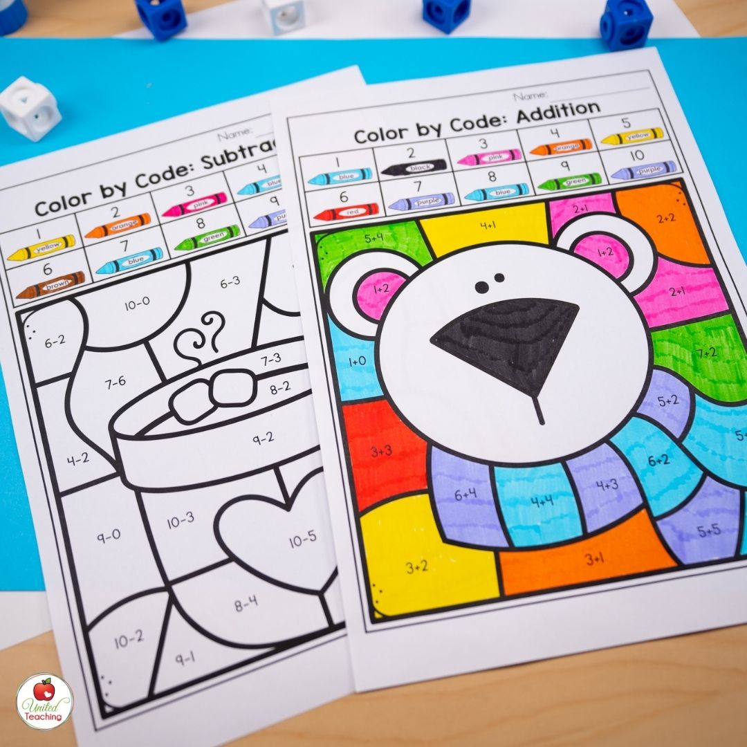 Color by addition and subtraction winter kindergarten math worksheets for January