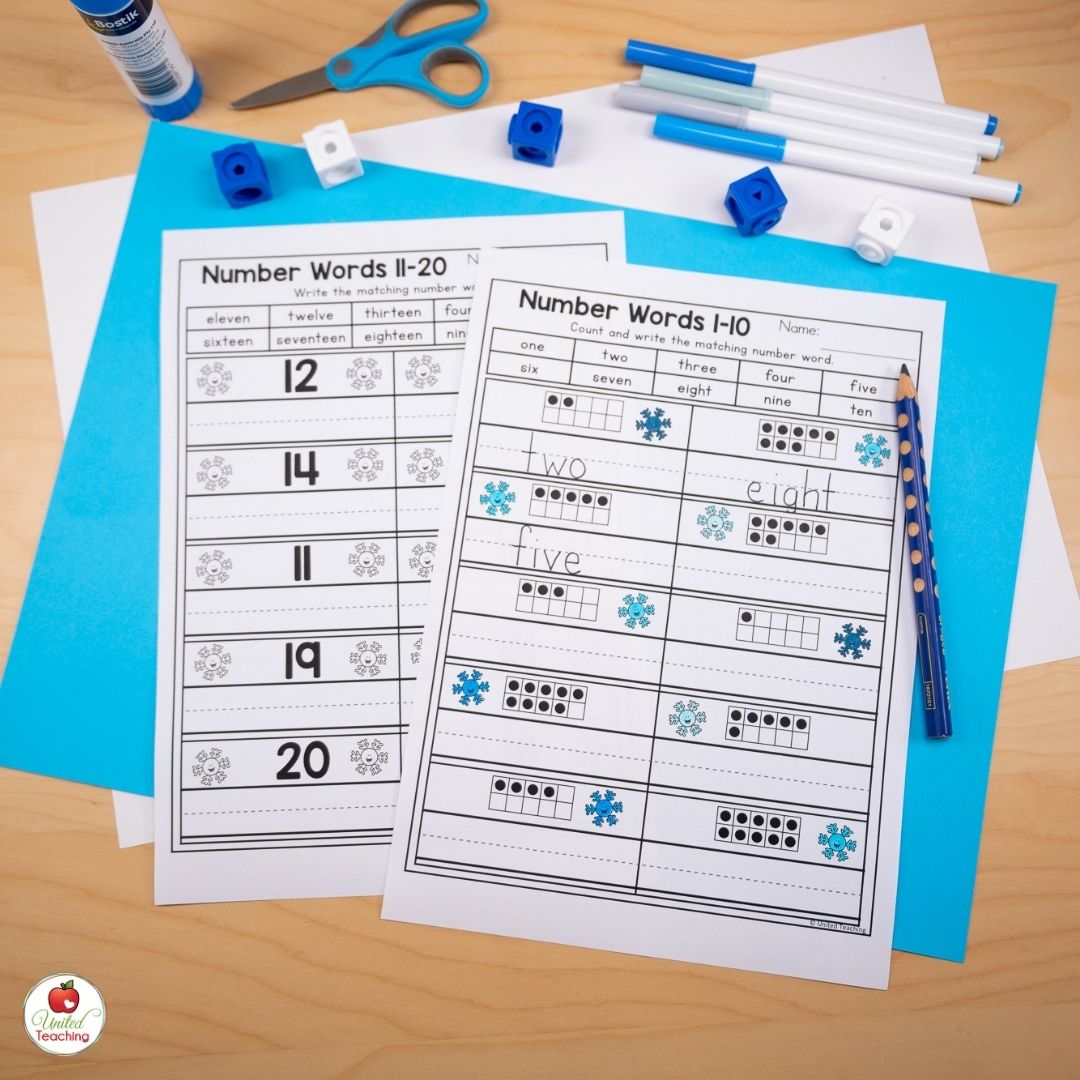 Writing number words math worksheets for kindergarten students.