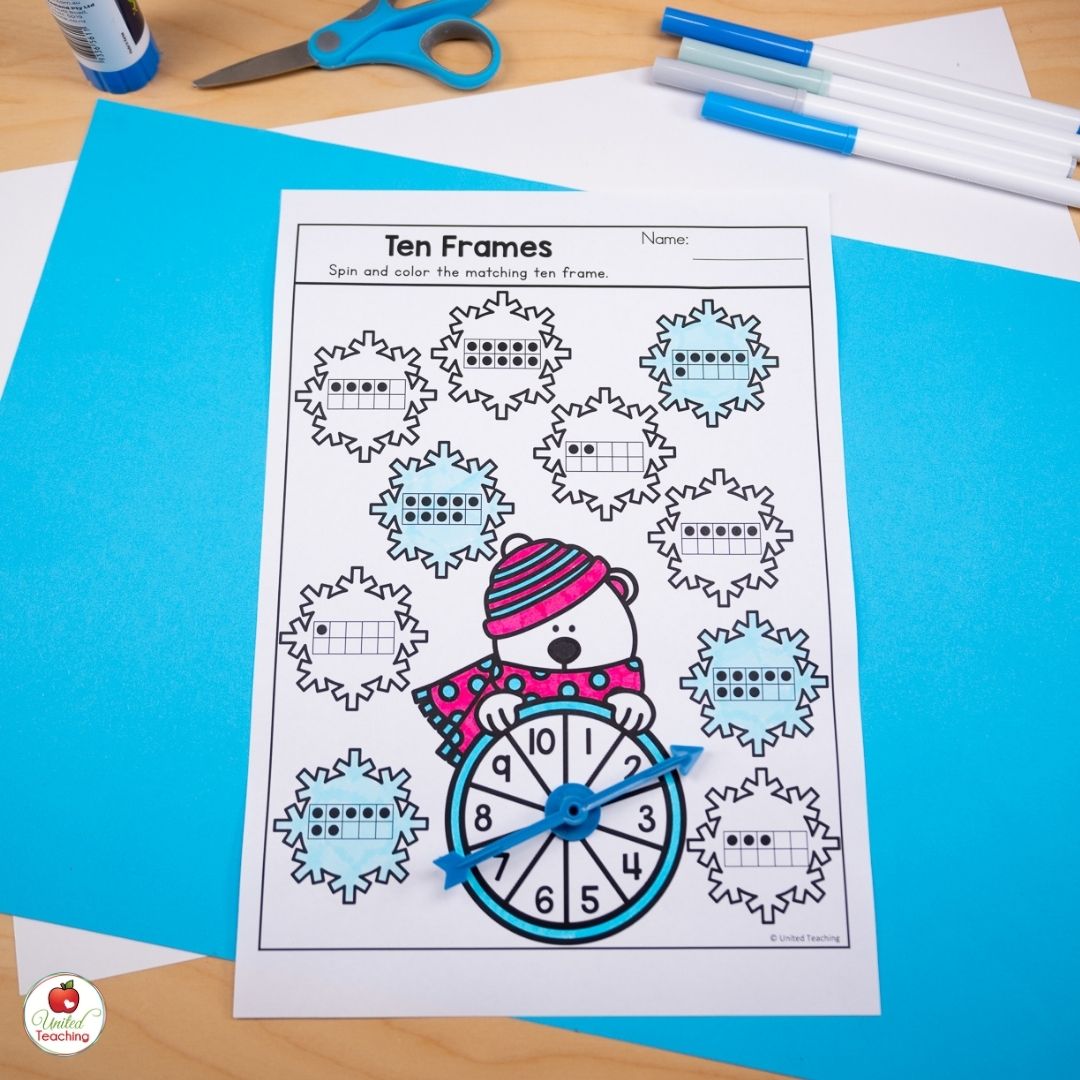 Winter spin and color a ten frame for numbers 1-10 math worksheet