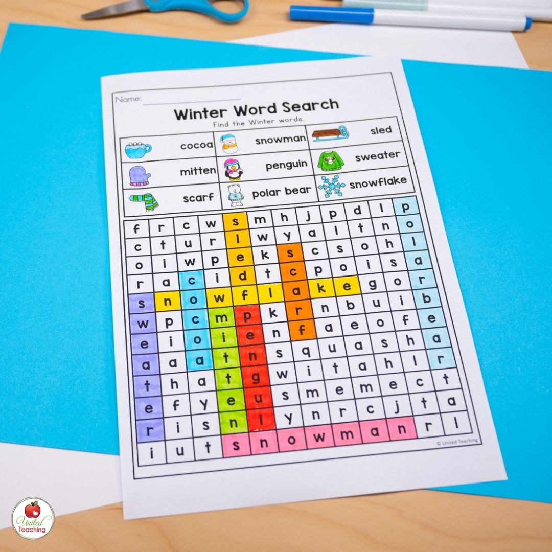 January winter word search worksheet for kindergarten