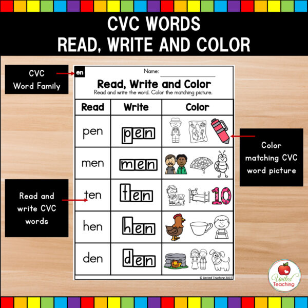 CVC Words Read, Write and Color phonics worksheets with letterboxes for writing words