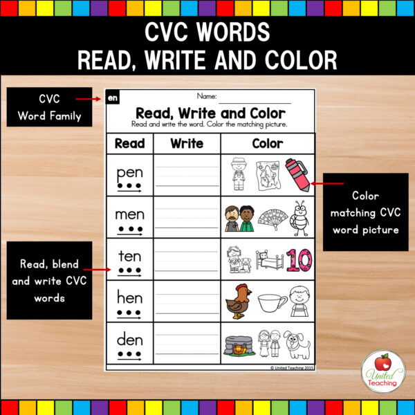 CVC Words Read, Write and Color phonics worksheets with blending dots and arrow
