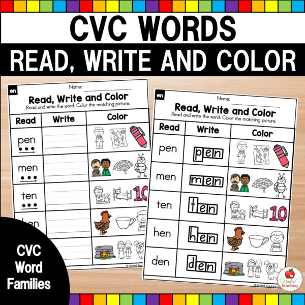 CVC Words Read, Write and Color phonics worksheets cover