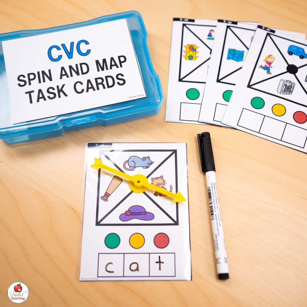 CVC Spin and Map Task Cards for blending and segmenting practice