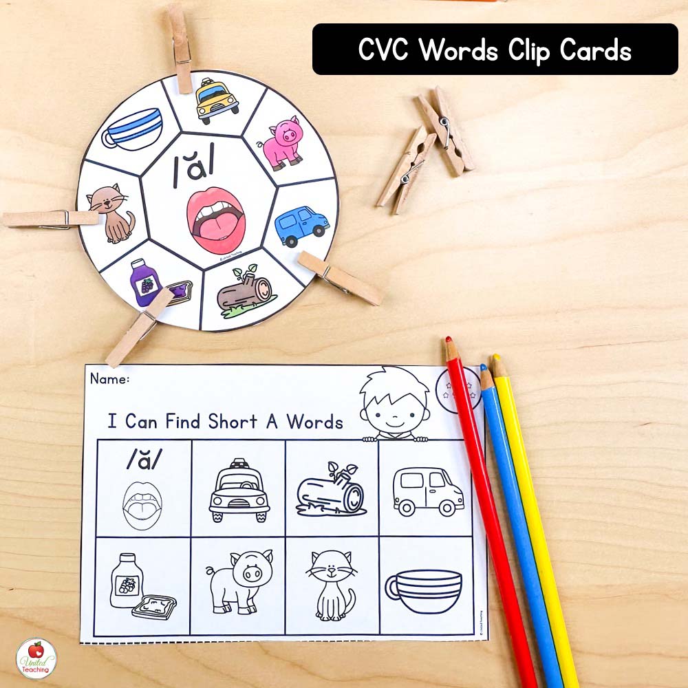 CVC Words Clip It Cards with Worksheet