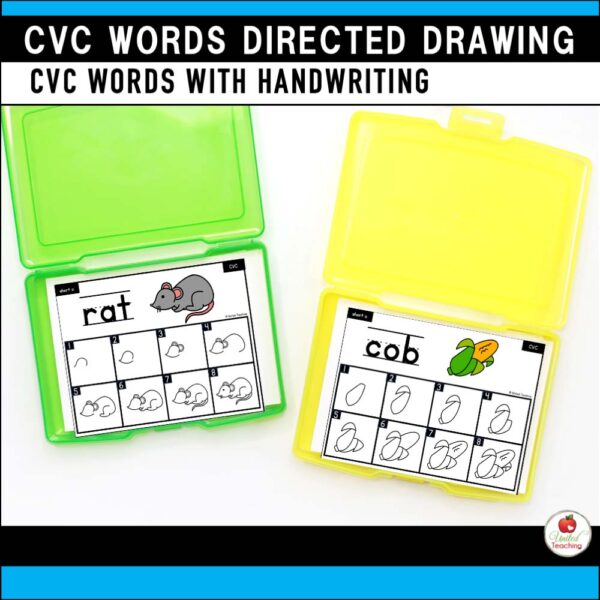 CVC Words Directed Drawing Task Cards with Handwriting