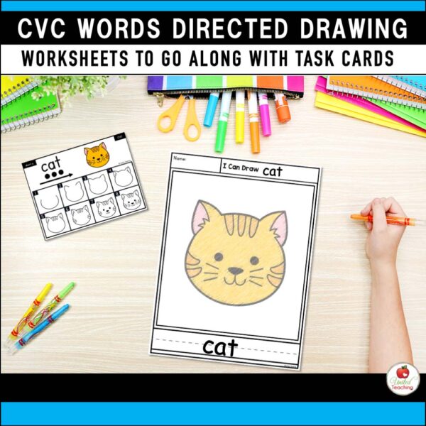 CVC Words Directed Drawing Task Cards with worksheet
