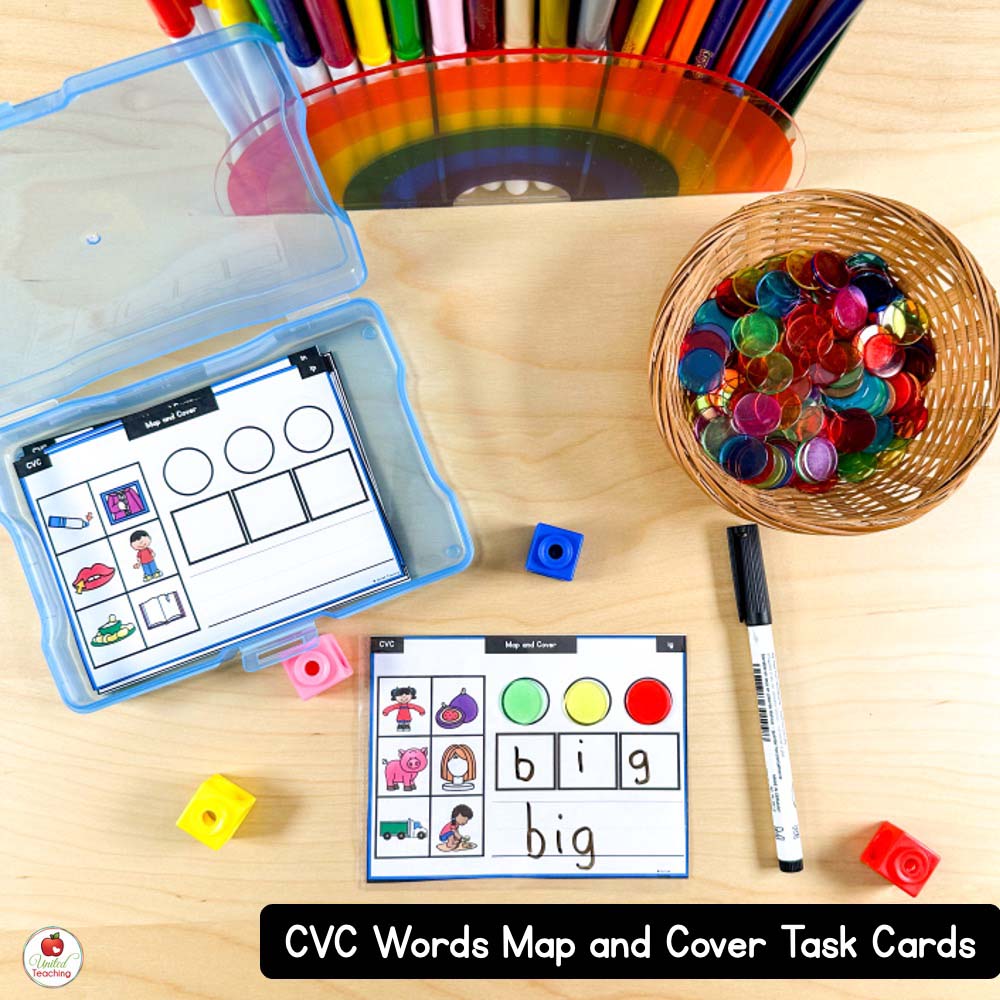 CVC Words Map and Cover Task Cards Phonics Center