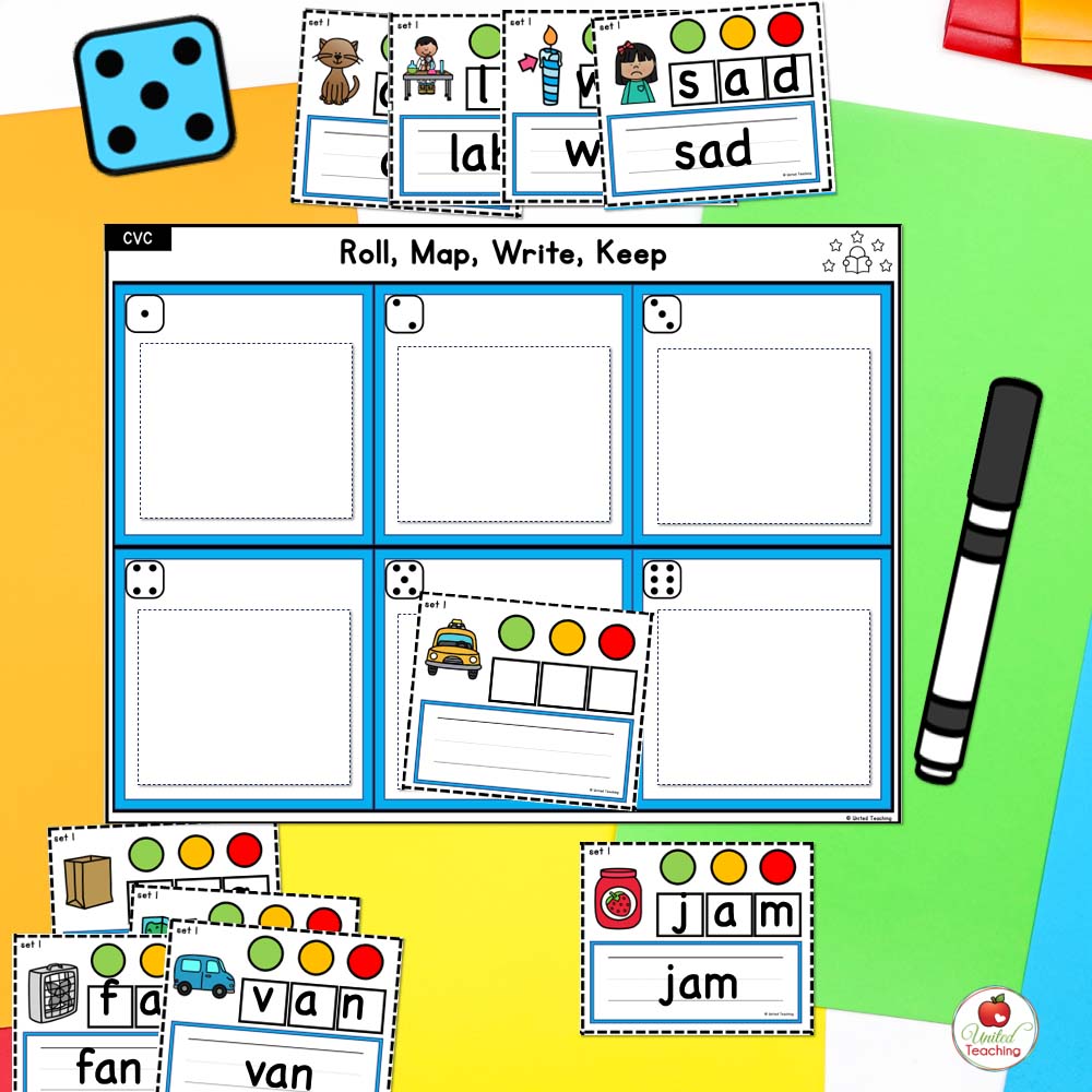 CVC Words Roll, Map, Write, and Keep Phonics Game