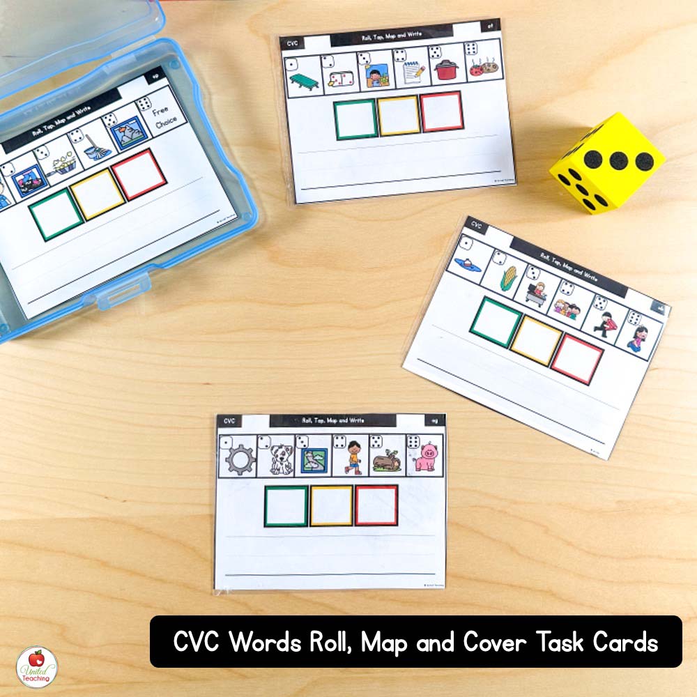 CVC Words Roll, Map and Cover Task Cards