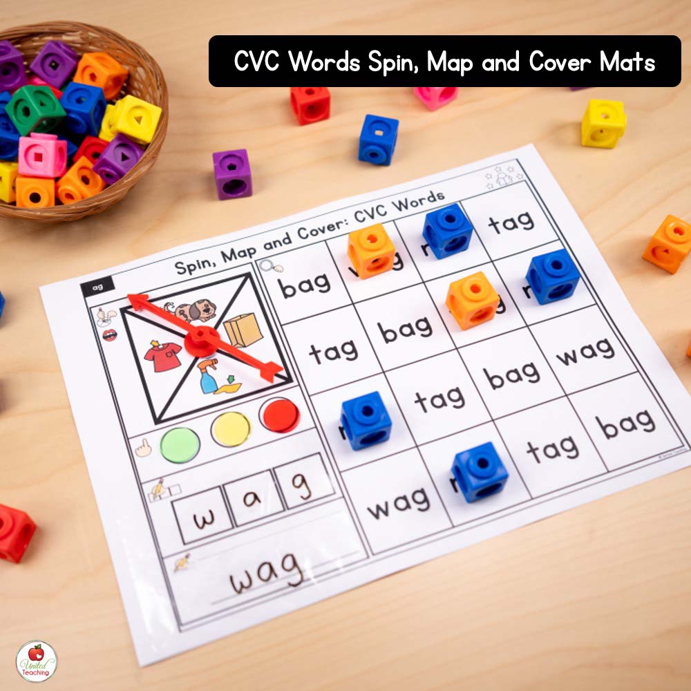 CVC Words Spin, Map and Cover Phonics Center