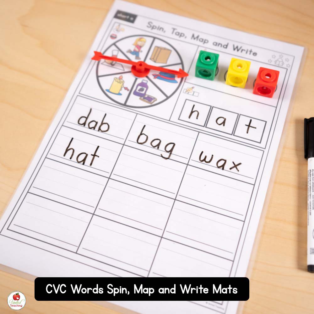 CVC Words Spin, Tap, Map and Write Phonics Center