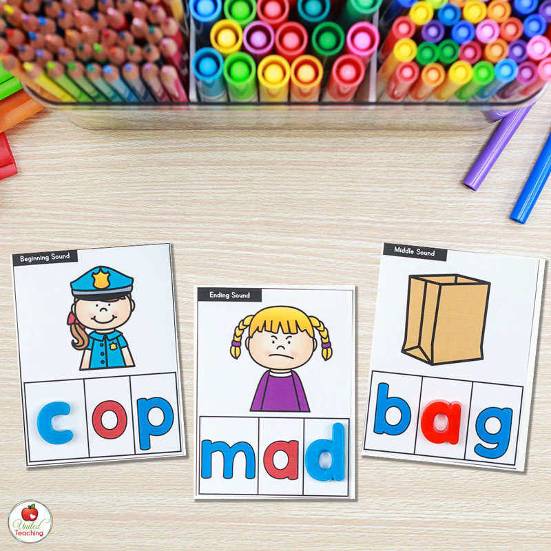 Identifying beginning, middle, and ending sounds with CVC Missing Sounds Task Cards