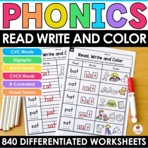 Phonics Read Write Color Worksheet Bundle
