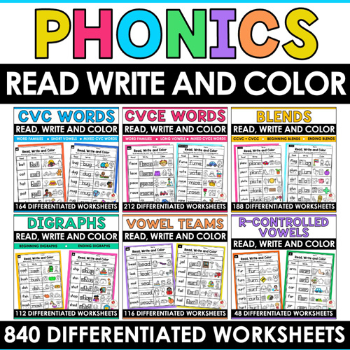 Phonics Read Write and Color Worksheets Bundle - United Teaching