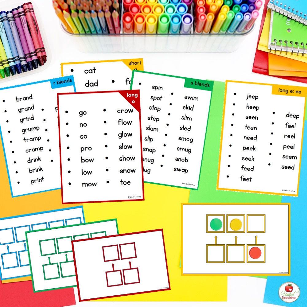 Phoneme word lists and blend and segment task cards included in the Science of Reading Starter Toolkit.