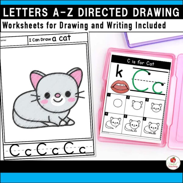 Letters and Sounds Directed Drawing Task Cards with drawing worksheet