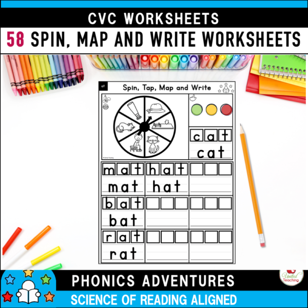 CVC Words Spin, Map and Write Worksheets