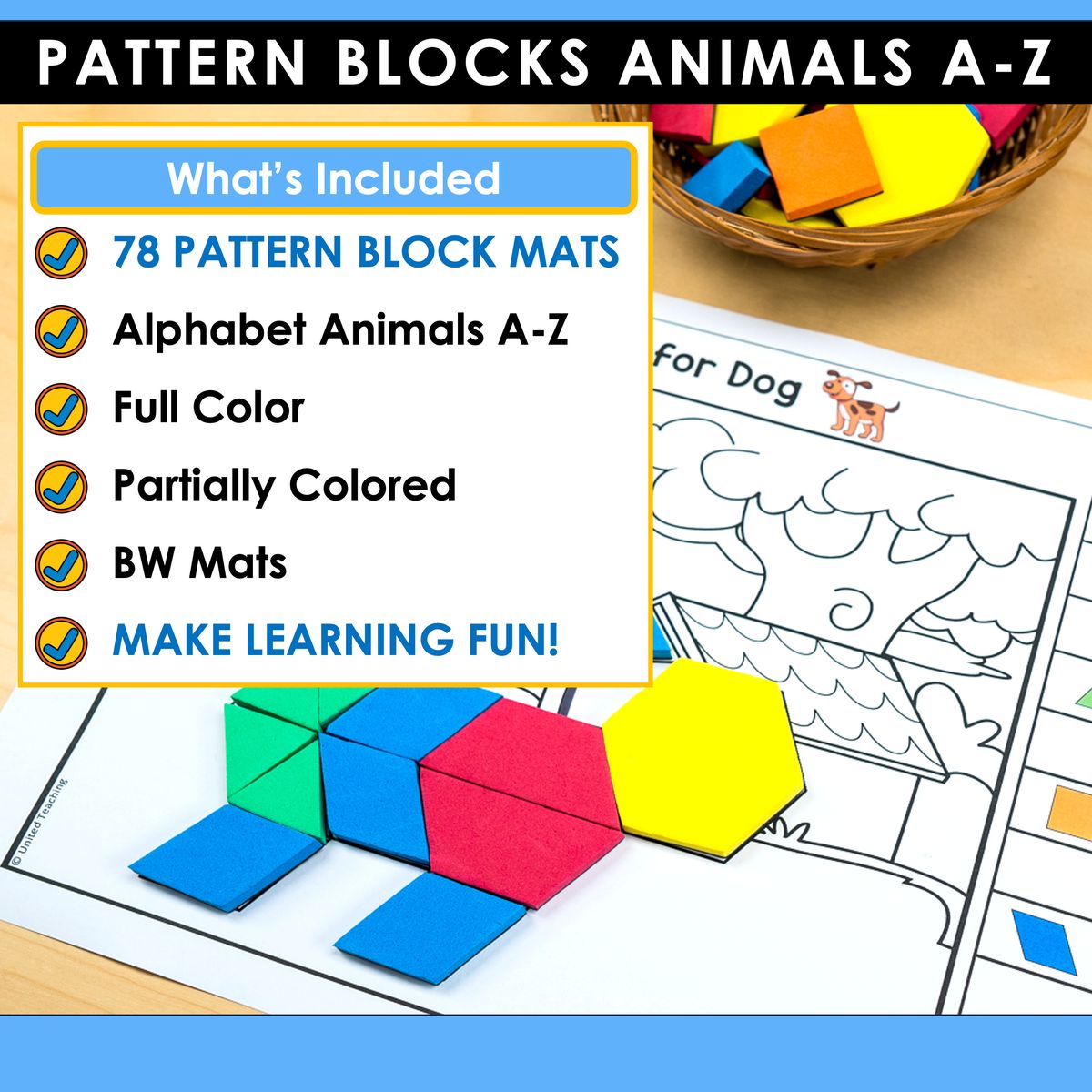 What's included in the Alphabet Animals Pattern Block Mats Bundle