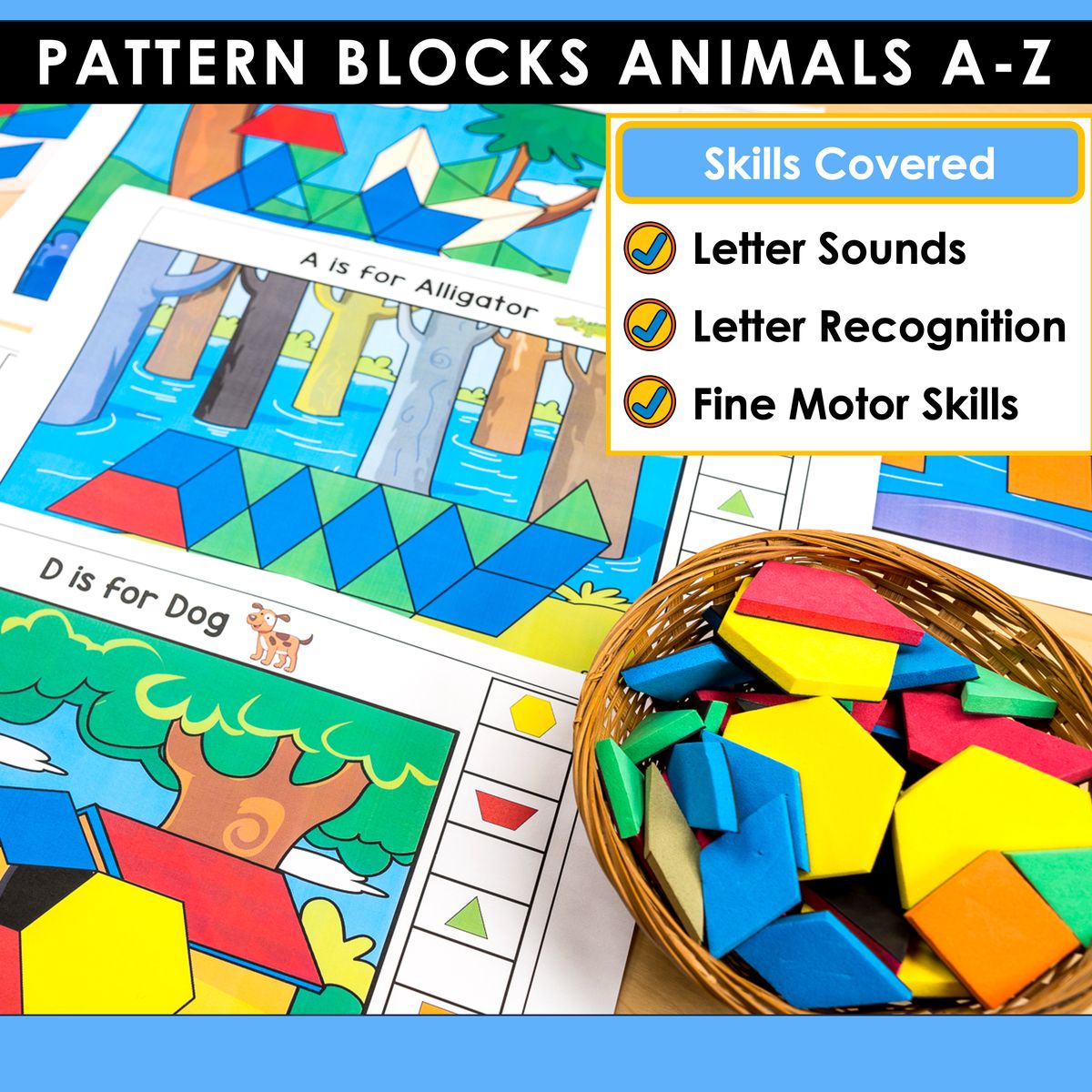Skills covered by the Alphabet Animals Pattern Block Mats