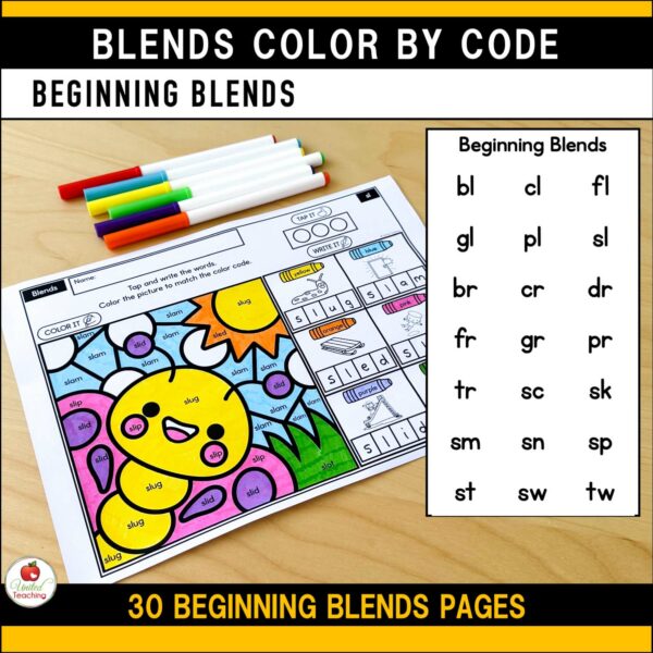 Blends Color by Code Spring Worksheets Beginning Blends