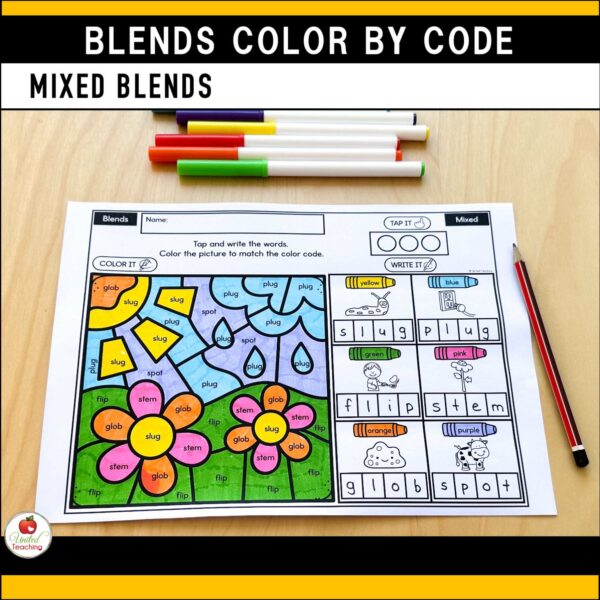 Blends Color by Code Spring Worksheets Mixed Blends Review
