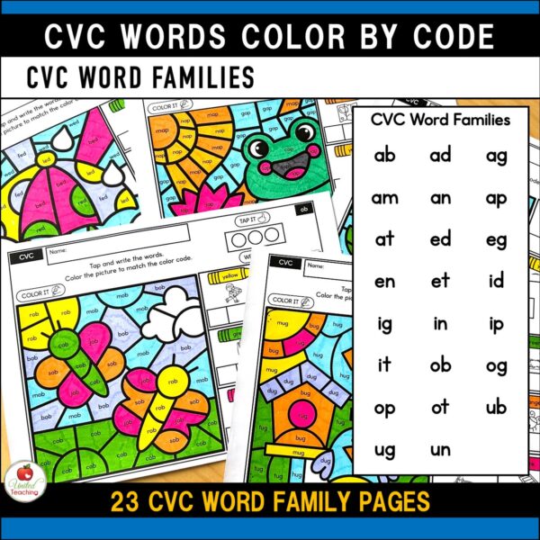 CVC Words Color by Code Spring Worksheets CVC Word Families