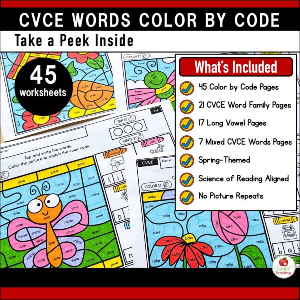 CVCE Color by Code Spring Worksheets What's Included