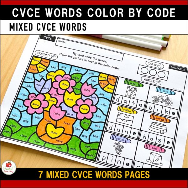 CVCE Color by Code Spring Worksheets Mixed CVCE Words