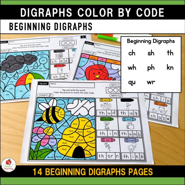 Digraphs Color by Code Spring Worksheets Beginning Digraphs List