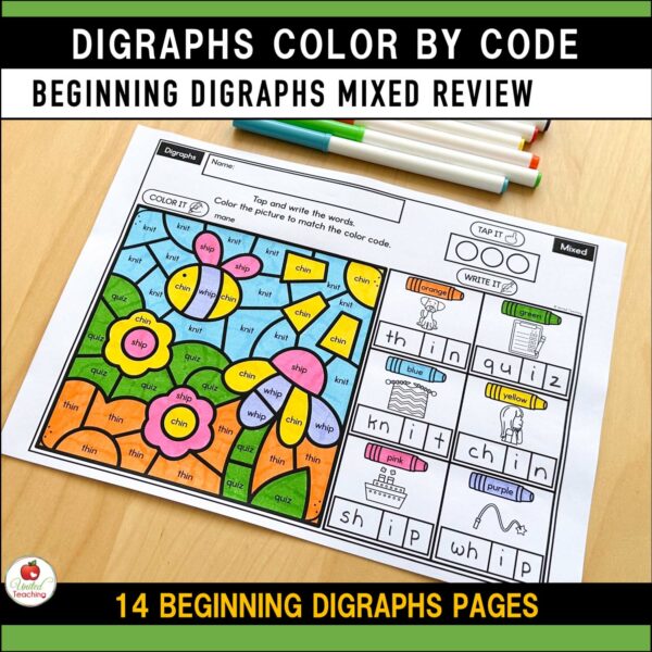 Digraphs Color by Code Spring Worksheets Beginning Digraphs Mixed Review