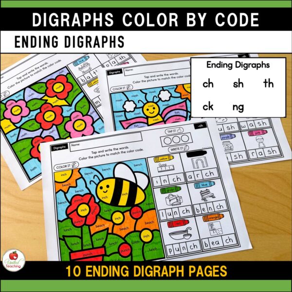 Digraphs Color by Code Spring Worksheets Ending Digraphs List