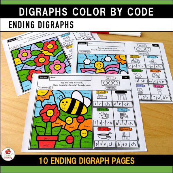 Digraphs Color by Code Spring Worksheets Ending Digraphs
