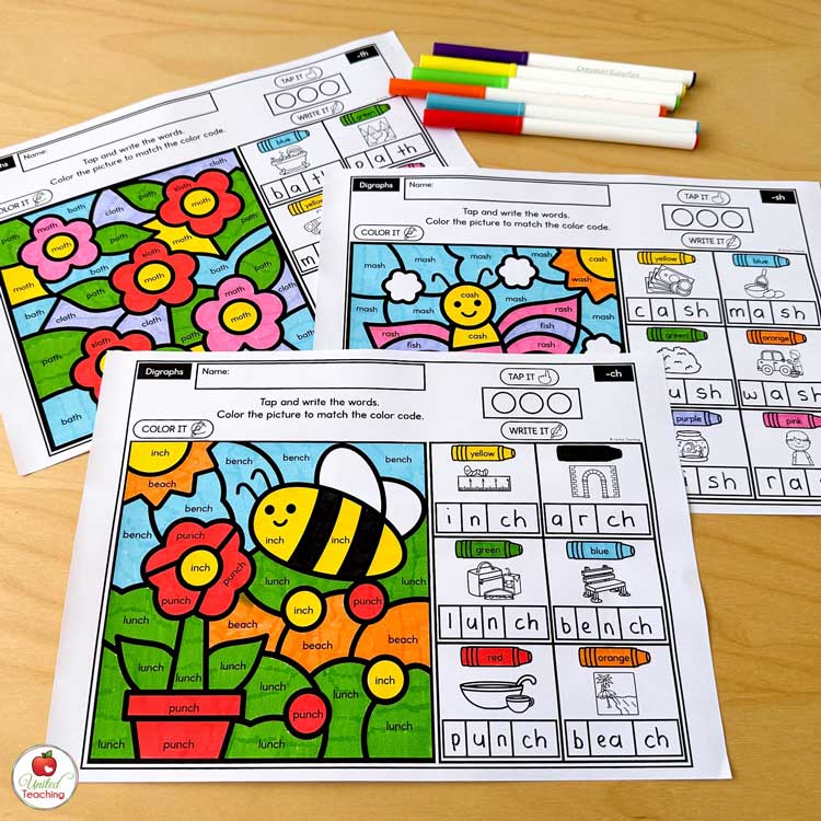 Words with Digraphs Color by Code Spring Worksheets