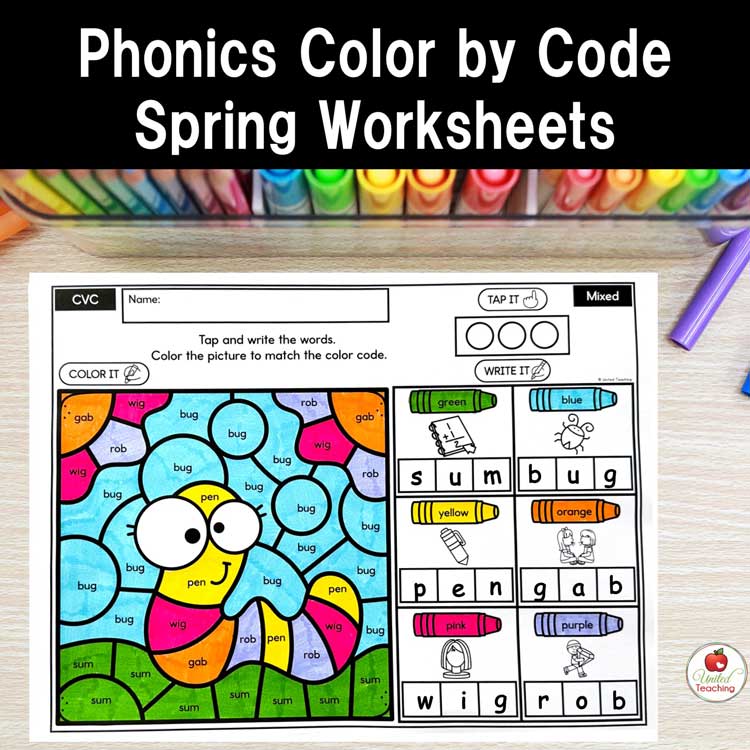 Phonics Color by Code Spring Worksheets Featured Image