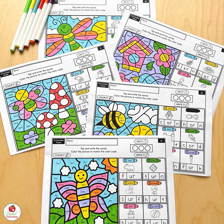 R-Controlled Vowels Color by Code Spring Worksheets