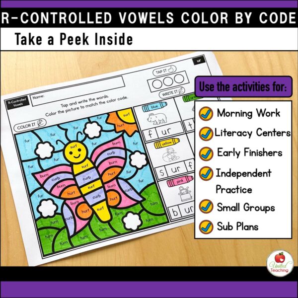 R-Controlled Vowels Color by Code Spring Worksheets Where to Use