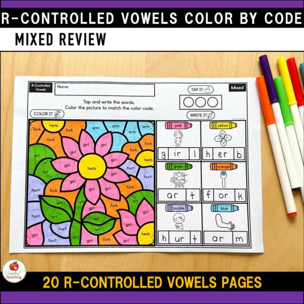 R-Controlled Vowels Color by Code Spring Worksheets Mixed Review