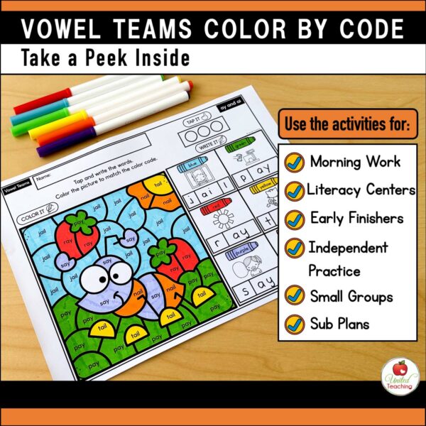Vowel Teams Color by Code Spring Worksheets Where to Use